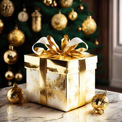 Beautiful gift box next to Christmas tree, blurred background