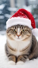 Fototapeta na wymiar cat wearing a red christmas santa hat, sitting in the snow