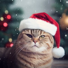 chubby cat wearing a red christmas santa hat, bokeh background and snow