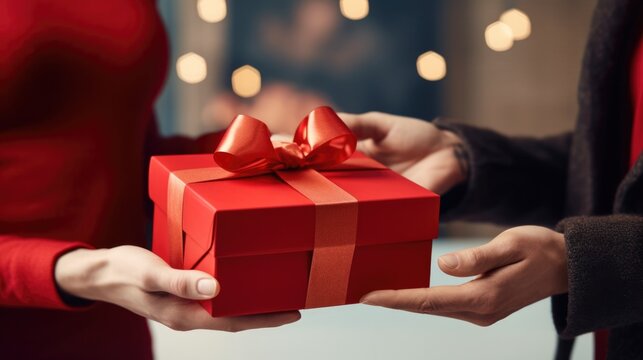 Close-up view of hands of woman giving red gift box tied to bow handed to man. Giving gifts during the Christmas, celebrating happy birthday or marriage anniversary, international women s day.
