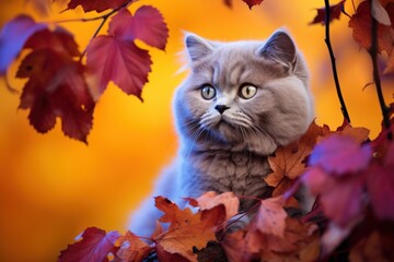 grey cat against autumn background, fall leaves