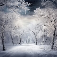 Winter forest with snow covered trees and blue