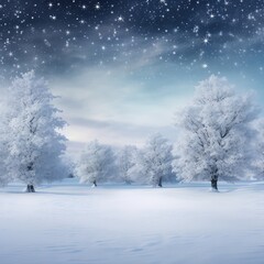 Winter forest with snow covered trees and blue