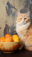 orange long haired cat against roughly painted background sitting with a fruit bowl of oranges and apples