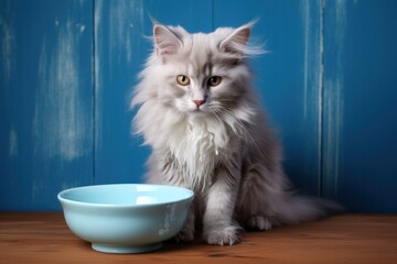 scruffy grey kitten with a blue ceramic food bowl, sitting against a blue painted wall looking hungry