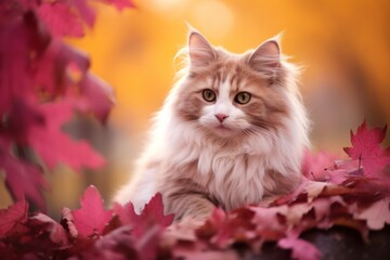 brown and white fluffy cat against autumn background, fall leaves
