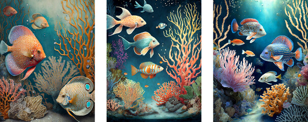 Set of three about the underwater world with tropical fish in the coral reef. Illustration for scrapbooking and greeting card design. - obrazy, fototapety, plakaty