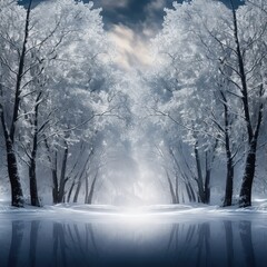 Obraz premium Winter forest with snow covered trees and blue