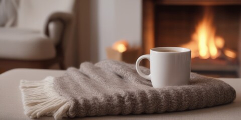 Mug with hot coffee and cozy warm woolen blanket on table near fireplace.