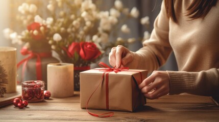 Young woman making gift wrapping packaging with red thread on a wooden table. Packaging and preparation of gifts for the celebration. - obrazy, fototapety, plakaty