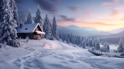 Fototapeta premium Magical Winter Wonderland in the Mountains Snowfall Christmas Time and Advent in the Evening and in the Morning Calm and Bright Wallpaper Background Cover Poster Greetings Card Digital Art