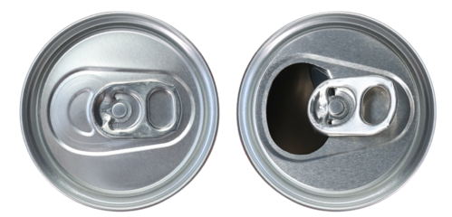 View from top aluminum soda beverage drinks canned container lid closed and open isolated on white background. 