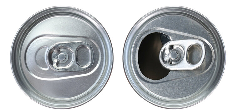 View from top aluminum soda beverage drinks canned container lid closed and open isolated on white background. 