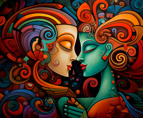 Fototapeta na wymiar Vibrant abstract couple in a surreal embrace, colorful swirls. 