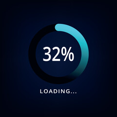 Loading bar vector illustration in blue color isolated on dark background. Circle loading bar with 32% progress.