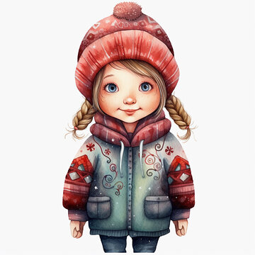 Cute little girl in a winter red hat and jacket isolated on white background. Watercolor cartoon character for postcard and stickers. Christmas Concept. Children's Book Illustrations