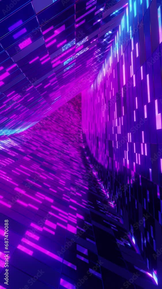 Poster 3d render loop animation of tunnel with glowing neon pattern
