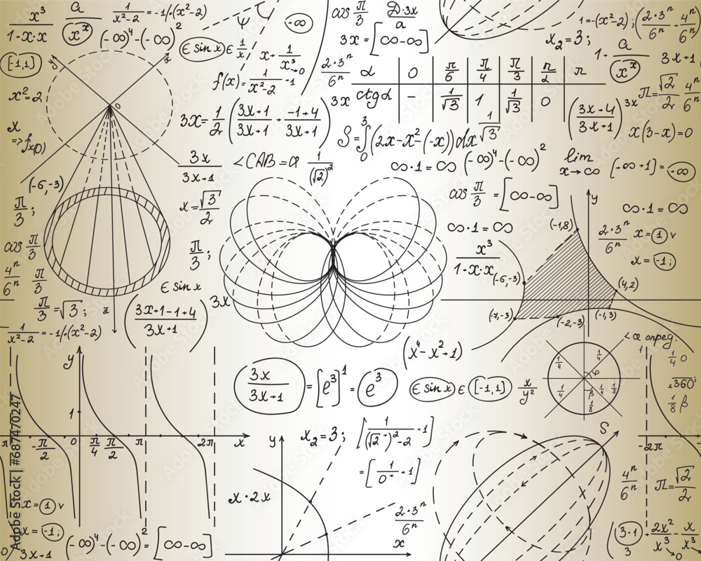 Wall mural scientific vector seamless pattern with hand drawn formulas and calculations on yellow old paper