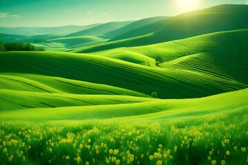 beautiful spring landscape scene with rolling green hills. generative al-