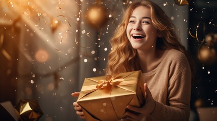 Happy woman opening her present on feeling thankful for getting present in wrapped gift box, celebrating happy birthday or marriage anniversary, international women s day, Merry Christmas. - obrazy, fototapety, plakaty