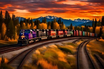 **freight train with a colorful sunset in background near whitefish, montana-