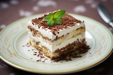 tiramisu, beautifully presented on a white plate atop a marble table. This close-up shot captures the essence of this delectable treat. Selective focus adds a touch of elegance. Generative AI.