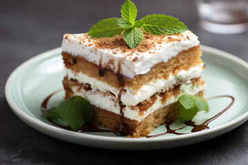 tiramisu, beautifully presented on a white plate atop a marble table. This close-up shot captures the essence of this delectable treat. Selective focus adds a touch of elegance. Generative AI.