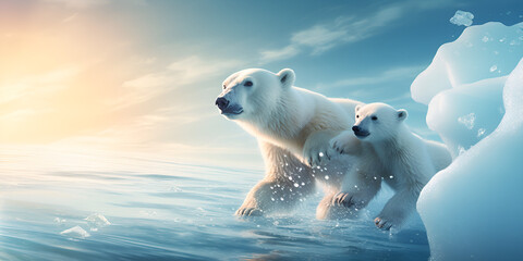 family polar bear mom and cub on ice, mother and child love,an image of a polar bear and its cub traversing a glacial landscape, emphasizing the fragile beauty of their habitat, generative ai