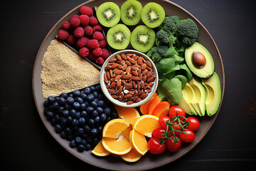 Rainbow assortment of healthy foods , Fresh raspberries, kiwi slices, blueberries, almonds ,quinoa, avocado, tomatoes, and crisp greens. healthy food - obrazy, fototapety, plakaty