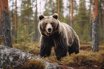 A formidable Ursus arctos, also known as a giant brown Grizzly bear, traverses the lush, pine-filled forest. Generative AI.