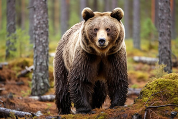 A formidable Ursus arctos, also known as a giant brown Grizzly bear, traverses the lush, pine-filled forest. Generative AI.