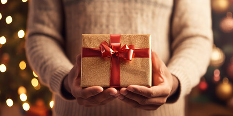 Close up of hands holding a christmas gift with red ribbon
