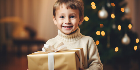 Happy child with gift at christmas, closeup, christmas tree in the background out of focus