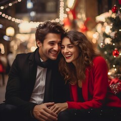 Christmas Romance. A loving couple enjoying the festive atmosphere outdoors