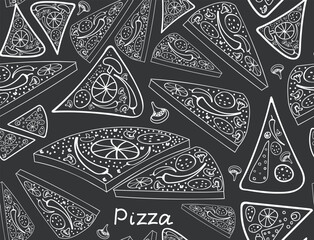 Food and beverage vector seamless pattern with hand drawn pizza slices  - 687472406