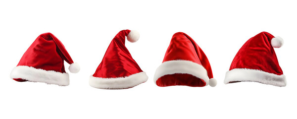 Set of red and white santa claus hats isolated on transparent and white background