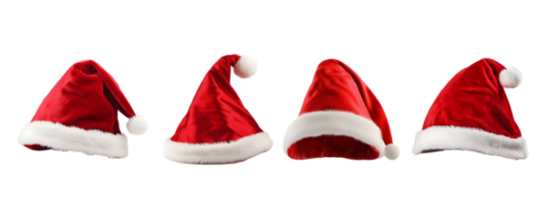 Set of red and white santa claus hats isolated on transparent and white background