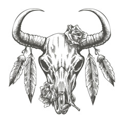 Hand Drawn Bull Skull with Roses and Feathers. Native Americans Totem Engraving Tattoo
