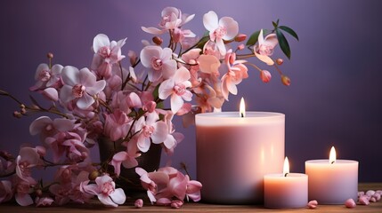 Orchid flowers adorning a lit candle isolated