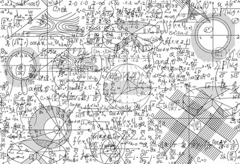 Math vector seamless pattern with handwritten figures, calculations and formulas shuffled together - obrazy, fototapety, plakaty