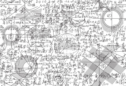 Math vector seamless pattern with handwritten figures, calculations and formulas shuffled together © Marina Sun