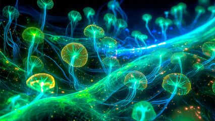 Transparent bioluminescent microscopic marine creatures. Plankton, diatom. AI generated from my original fractal art.