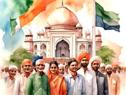 Watercolor people celebrating Indian Republic Day, Generative Ai