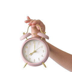 Large retro alarm clock in a child's hand. Close-up. png. Transparent background. eight o'clock