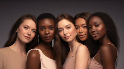 Five women with diverse hair colors and natural skin tones pose together, showcasing the beauty of diversity and fostering an empowering bond that captures the essence of inclusivity and harmony.