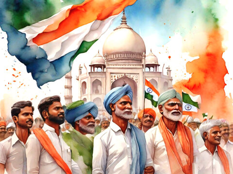 Watercolor people celebrating Indian Republic Day, Generative Ai