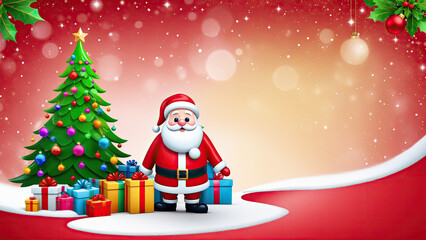 A Festive Santa Claus Standing Next to a Glittering Christmas Tree Surrounded by Presents