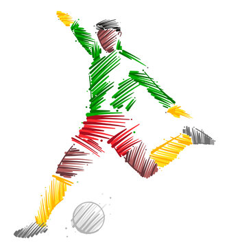 Drawing of a man's goalkeeper jumping to catch the ball made of sketch style brush strokes
