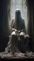 Ghost in a white sheet sits om a chairs front of window of haunted abandoned house, black and white photo. Halloween concept - obrazy, fototapety, plakaty