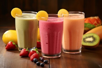 Colorful Smoothies with Fresh Fruit on Rustic Wooden Table